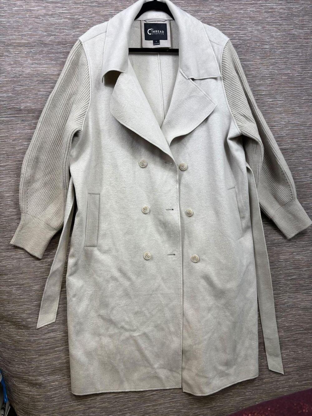 Thread Collective Coat Womens 1X Beige Long Knit Trench Belted Button Pockets
